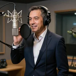 a medium shot studio photographic portrait of a Turtle in a suit with headphones recording voice over with professional condenser microphone in recording studio