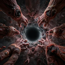 hyperrealistic mixed media image of unimaginable incomprehensible terror escaping event horizon of black hole, stunning 3 d render inspired art by greg rutkowski and xiang duan and thomas eakes, perfect symmetry, flesh texture, realistic, highly detailed attributes and atmosphere, dim volumetric cinematic lighting, 8 k octane detailed render, post - processing, masterpiece,