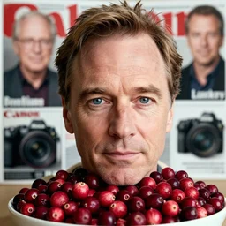 tiny bryan cranston's body is a bowl of cranberries, head emerging from cranberries, natural light, sharp, detailed face, magazine, press, photo, steve mccurry, david lazar, canon, nikon, focus