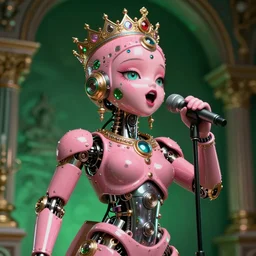 hyperrealistic hyperdetailed byzantine mechanical iridescent pink cute humanoid singing concept art santiago caruso de chirico sharp very dramatic green light 8k low angle shallow depth of field