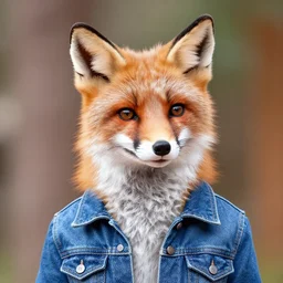 upper half portrait of a anthropomorphic female snowfox with short fur covering her body, wearing a denim jacket in the style of zootopia, far shot,