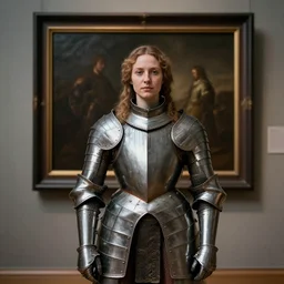 portrait of an pretty lady in midevil armor, rembrant hanging museum