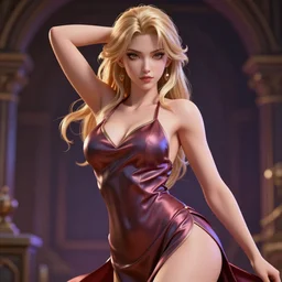 beautiful 3 d render of a sexy beauty goddess in a sensual pose, blond hair, silk dresses, sexy face, atmospheric lighting, intricate, volumetric lighting, beautiful, rich deep colours masterpiece, sharp focus, ultra detailed, anime style, anime background