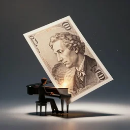 a realistic detailed card floating in the air, light particles, piano floating in the sky, light around the piano, shadow of a man playing piano, detailed body, cinematic photo, realistic, detailed