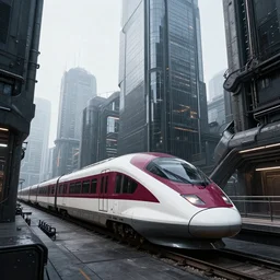 futuristic city center with 890J maglev train in background, modern landscape architectural design for brutalist industrialpunk black concrete and glass, train with maroon, white and teal metallic accents, gorgeous lighting, golden hour, cyberpunk, 2077, dramatic lighting and composition, photography, 8k, origin 100i, star citizen concept art, single line, golden ratio, minimalistic composition, side profile, Tokyo, JR sc Maglev