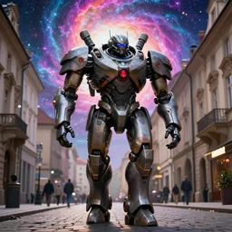 movie still frame, giant armored mech walking in a prague street, a psychedelic nebula in the background, beautiful composition, 8 k, cgi, by ridley scott, zack snyder and michael bay