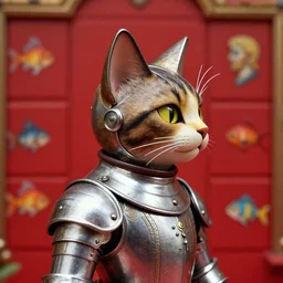 closeup profile portrait of a tin toy victorian lady as a cat in armour, nicoletta ceccoli, mark ryden, lostfish, max fleischer, depth of field, detailed and intricate red square environment, 8 k resolution, hyperrealistic, octane render