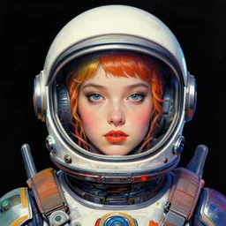 ink illustration, beautiful portrait of a spacegirl with futuristic helmet, medium shot, centered face, hypermaximalist, kodak ektar, intricate, triadic color scheme, highly detailed, digital painting, artstation, cgnode, concept art, smooth, sharp focus, dramatic lighting. art by phil hale and brad rigney and francis bacon