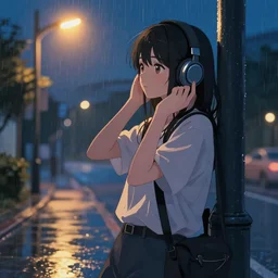 listening to music at 2 am, night, pretty girl, pose, rain, lofi, lofi, peaceful, street light, anime key visual, poster, street wears, anime, by wlop, high quality, 4 k, trending, trending on artstation