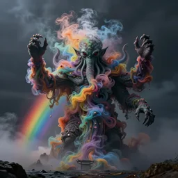 turbulent rainbow smoke in the shape of Cthulhu