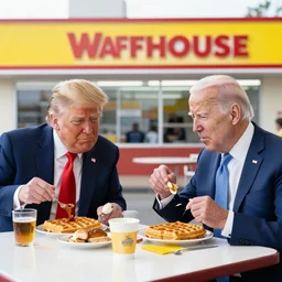 photograph of trump and Biden sitting and eating breakfast at a Wafflehouse