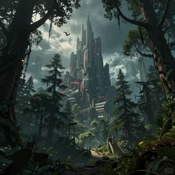 a city high in a fairy tale forest in the style of cyberpunk in the style of dark fantasy art Trending on artstation DeviantArt Pinterest Photorealistic HD 8k highlights and shadow detailed High Resolution