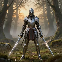 helmeted female warrior wielding two swords wearing full body knight!! armor, forest plains of yorkshire, misty forest, elden ring, dark souls, good value control, digital painting, sharp focus, rule of thirds, 4k, centered, muscular body type, magic hour photography, atmospheric, moody vibrant colors