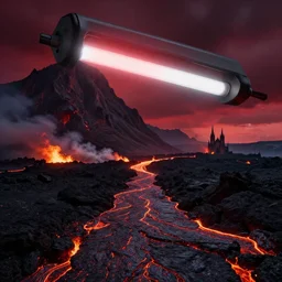 wide angle image, hellish background landscape, massive beautiful mountains, lava, path leading to a gothic cathedral in the distance, stormy red sky, fire and burning, fluorescent light, product photography, by bastien lecouffe - deharme