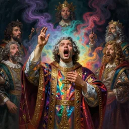 a baroque neoclassicist melodramatic renaissance portrait of an iridescent priest performing an exorcism with a wide open mouth. reflective detailed textures. glowing colorful fog, dark background. highly detailed fantasy science fiction painting by moebius, norman rockwell, frank frazetta, and alphonse mucha. rich colors, high contrast. artstation