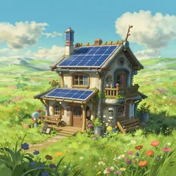 detailed photo of small solarpunk house, fields of flowers, grassy, futuristic, 8 k, by studio ghibli, alena aenami, trending on deviantart, hyper detailed, beautiful lighting, epic environment