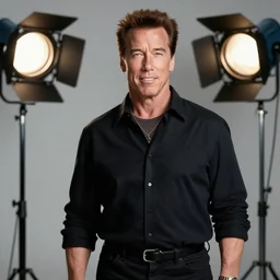 a studio photoshoot of a female arnold schwarzenegger, studio lighting, bokeh