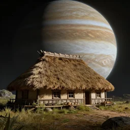 unreal engine hyperreallistic render 8k highly detailed 4K fantasy matte painting of a thatched roof house on jupiter moon ganymede at night massive planet jupiter in background