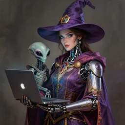 an anthropomorphic beautiful female bionic - armed wizard holding his alien buddy on her arm portrait holding laptop wearing colourful robe, wizard hat, fine art, award winning, intricate, elegant, sharp focus, octane render, hyperrealistic, wizard hat cinematic lighting, highly detailed, digital painting, 8 k concept art, art by jamie hewlett and z. w. gu, masterpiece, trending on artstation, 8 k