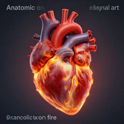 “Anatomic heart on fire, 8k render, digital art”