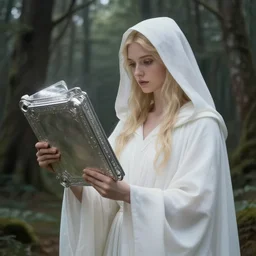 the goddess of memory holding at her side large silver tablets in a forest, white hood, white robes, blonde, fantasy, magical, realistic and detailed, spiritual, supernatural, intricate, elegant, highly detailed, digital painting, trending on artstation, by wlop, 4 k octane render