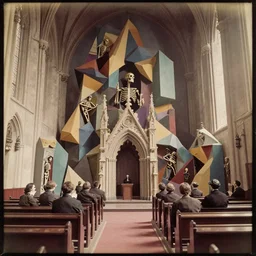 photojournalism, old victorian photo, atmospheric, Victorian, Terminator machine skeleton people praying in church made of impossible geometry, colorful
