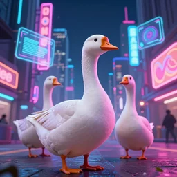 goose, goose, goose, goose, goose, cyberpunk setting, beautiful cityscape background, neon signs, vibrant colors, holograms, 4k, digital art