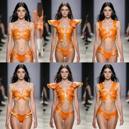 multi panel storyboard of olivia wearing an outfit made of orange peels, runway model at new york fashion week, sporty physique, black hair, freckles, pale skin, half body portrait, photo by greg rutkowski, stage lighting, soft colors, female beauty, intricate detail, elegance, 3 5 mm, depth of field, masterpiece