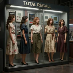 Ladies in different dresses and skirts, electrical case display, total recall tech, , ultrarealistic, dramatic lighting, electrical details, high details, 4k, 8k, best, accurate, trending on artstation, artstation, photorealism, ultrarealistic, digital painting, style of Caravaggio, Boris Vallejo