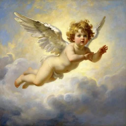an idyllic scene of a single!! winged cherub flying between clouds, in the style of bouguereau, art nouveau, symbolism, soft ligthing, golden our, oil on canvas, highly detailed, naturalism, magic