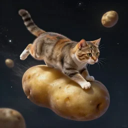cat flies on a potato into space, futuristic, sci-fi, contrast volumetric light, highly detailed, digital painting, artstation, concept art, sharp focus, illustration, by Evgeny Lushpin