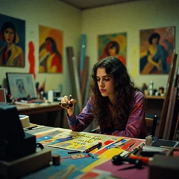 dramatic scene shallow depth of field medium shot uncanny surreal photograph of a colorful intimate art studio in 1 9 9 5 titled'yellow light on the ', photographed by william eggleston and ken price and man ray, grainy shocking detail trending on artstation 8 k