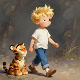 a young boy with spiked blonde hair walking next to a plushie tiger, calvin and hobbes, illustration by bill watterson