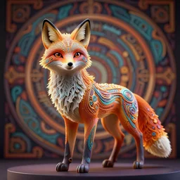 a photo - real delicate sculpture of an ornate detailed fox in front of an intricate background by aj fosik, micro detail, backlit lighting, octane renderer, colourful, physically based rendering, tribal art, trending on cgsociety