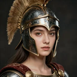 close - up portrait of beautiful young woman dressed gladiator with helmet and armor, art by paolo roversi
