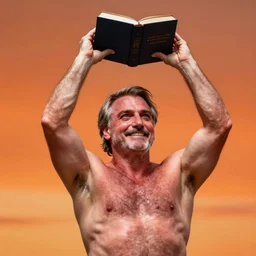 Shirtless super muscular Bolsonaro, lifting a book to the sky. cinematic, hyper realism, high detail, 8k, Vibrant colors, Smooth gradients, orange sky, High contrast, depth of field