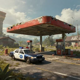 highly detailed 4K fantasy matte painting of an abandoned gas station near the road police cruiser parked, dystopian style detailed digital art by Greg Rutkowski and Thomas Kinkade, trending on Artstation