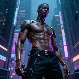 black male cyborg body modifications hd james paick low perspective! cyberpunk city neon rain