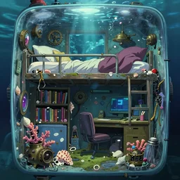 anime background of the interior of an underwater makeshift bedroom created hastily inside a small containment unit, a loft bed, book case, computer desk, various coral seashells overtaking it, nostalgia, vaporwave, litter, steampunk, cyberpunk, water caustics, anime, vhs distortion, dynamic shot, cinematic, letterbox, art created by miyazaki