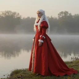 beautiful painting of a lady with white long hair and dressed with a red victorian cloak, standing in a lake, mist, morning light
