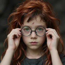 a small, skinny 1 7 - year - old boy with a thin face, black hair, and green eyes. round glasses held together with tape and a thin scar on his forehead, 8 k, sensual, hyperrealistic, hyperdetailed, beautiful face, long ginger hair windy, dark fantasy, fantasy portrait by laura sava
