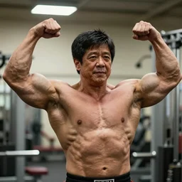 BongBong Marcos as a bodybuilder in a gym flexing his huge muscles