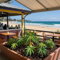 idyllic cannabis leaf garden bed in a vibrant australian beach cafe fun and creative colors by edward hopper
