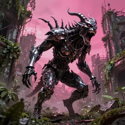 post - gothic giant banshee, exoskeleton armor screaming, dystopian ruins covered in vegetation, highly detailed smooth digital art masterpiece, vitaly bulgarov giger dramatic pink light, ground angle hd 8 k, sharp focus