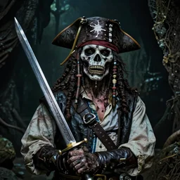 realistic photo of a zombie ghost pirate head and torso, holding a sword and standing in a grotto, dark, brooding, paul carrick, atmospheric lighting, intricate, ultra detailed, well composed, best on artstation, cgsociety, epic, stunning, gorgeous, intricate detail, wow, masterpiece