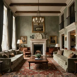 interior of a beautiful mid century british mansion hall, fully furnished, elaborate, soft lighting, realistic, ultra detailed, atmospheric, cinematic composition and lighting