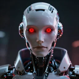 a cyberpunk portait of a robot with red eyes, highly detailed, octane render, cyberpunk, high quality, 8K HDR, unreal engine 5,psycho