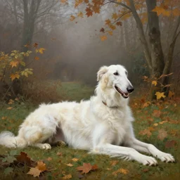 wide shot, accurate, beautiful white russian borzoi!!, laying in the autumn garden, misty background, realistic, matte painting, sargent, elegant matte painting, sharp focus, by mucha, velasquez, botticelli, rockwell
