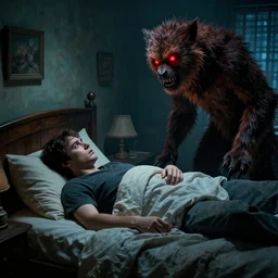 a movie poster of You lying in bed, trying to get to sleep, when you hear a scratching noise coming from the other side of the room. You try to ignore it, but the noise gets louder and more persistent until you finally sit up and look over to see a large, furry creature with glowing red eyes standing at the edge of your bed, looking at you hungrily, 8k, surrealistic digital still image, in the style of Keith Thompson and Michael Whelan