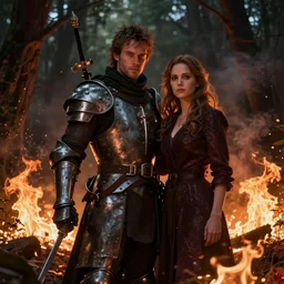 a knight among flowers in dark forest surrounded by fire and smoke, moody, rim light, dynamic lighting, cinematic shot, gritty, ultra - detail, renderman, physically based render, greg olsen and liz lemon swindle